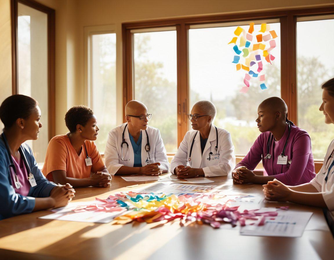 A compassionate scene depicting a diverse group of cancer patients and healthcare professionals engaged in a supportive discussion, surrounded by colorful awareness ribbons. A symbolic representation of hope, with sunlight filtering through a window, symbolizing healing and empowerment. Include medical charts and supportive materials on a table, emphasizing treatment options. soft-focus background. vibrant colors. super-realistic.
